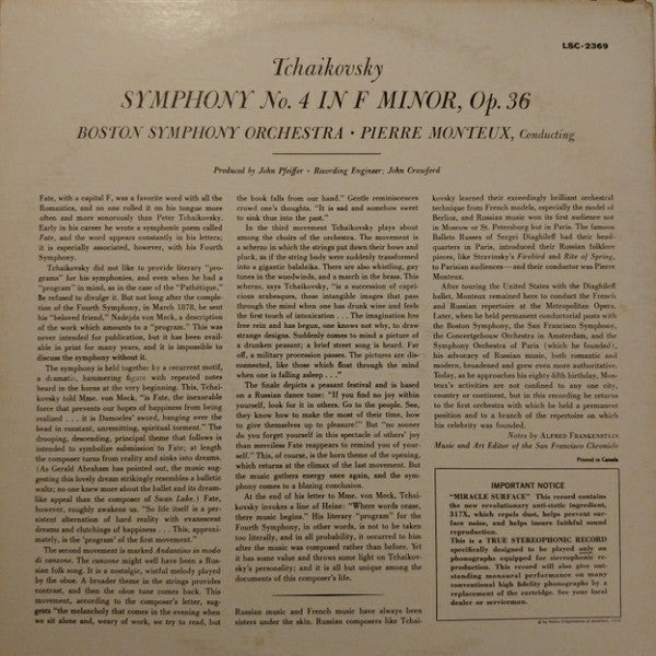 Pyotr Ilyich Tchaikovsky, Pierre Monteux / Boston Symphony Orchestra : Symphony No. 4 (LP)