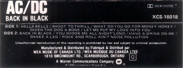 AC/DC : Back In Black (Cass, Album, RE, Dol)