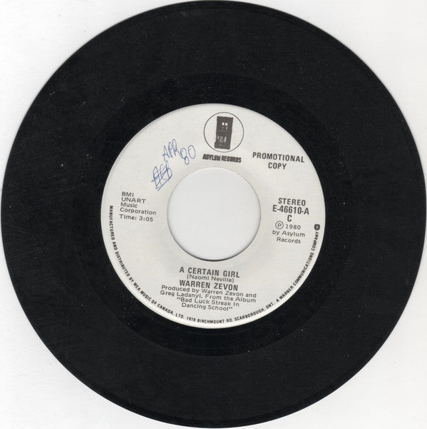 Warren Zevon : A Certain Girl / Empty-Handed Heart (7", Single, Promo)