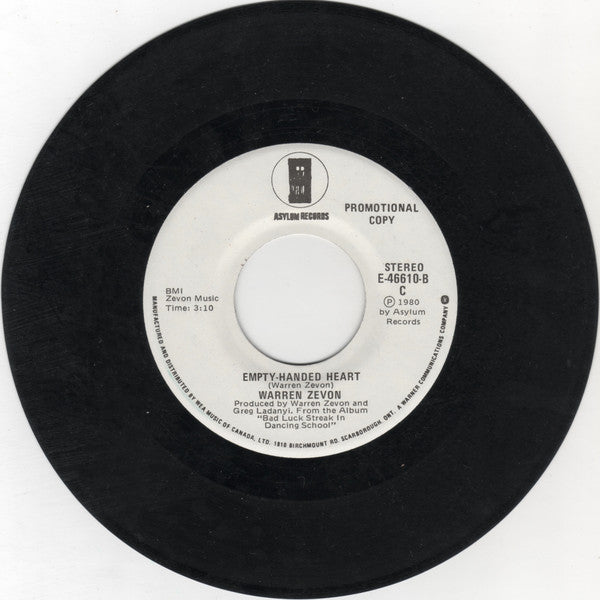 Warren Zevon : A Certain Girl / Empty-Handed Heart (7", Single, Promo)