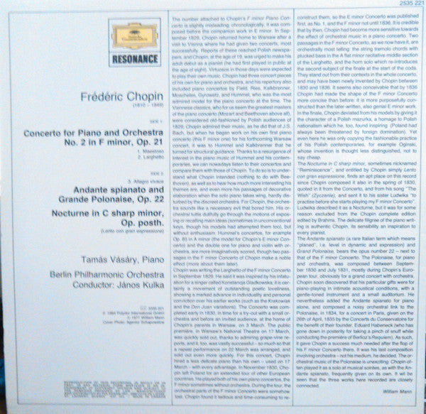 Chopin* / Tamás Vásáry, Berlin Philharmonic Orchestra*, János Kulka* : Piano Concerto No. 2 In F Minor Op. 21/ Andante Spianato And Grande Polonaise / Nocturne (LP, Album, RE)