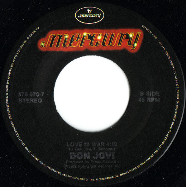 Bon Jovi : Living In Sin (7", Single)