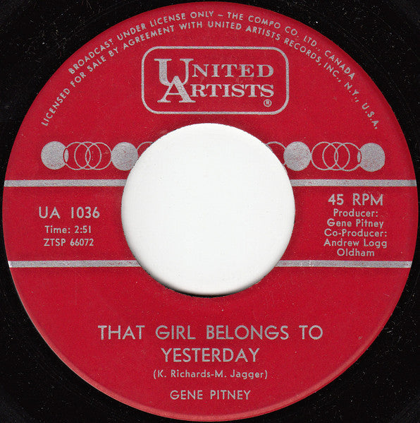 Gene Pitney : That Girl Belongs To Yesterday (7", Single)