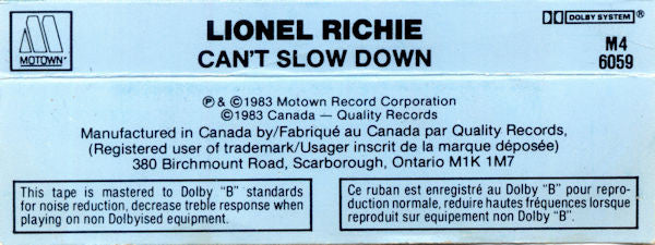 Lionel Richie : Can't Slow Down (Cass, Album, Dol)
