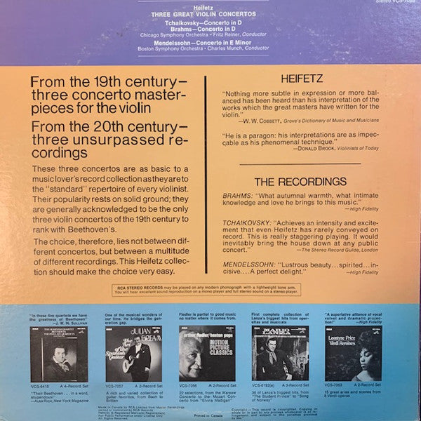 Jascha Heifetz, Pyotr Ilyich Tchaikovsky • Johannes Brahms, Felix Mendelssohn-Bartholdy : Three Great Violin Concertos (2xLP, Comp, Gat)