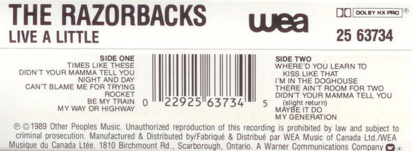 The Razorbacks (2) : Live A Little (Cass, Album, Dol)