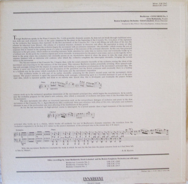 Arthur Rubinstein, Erich Leinsdorf : Beethoven Piano Concerto No. 3 (LP)