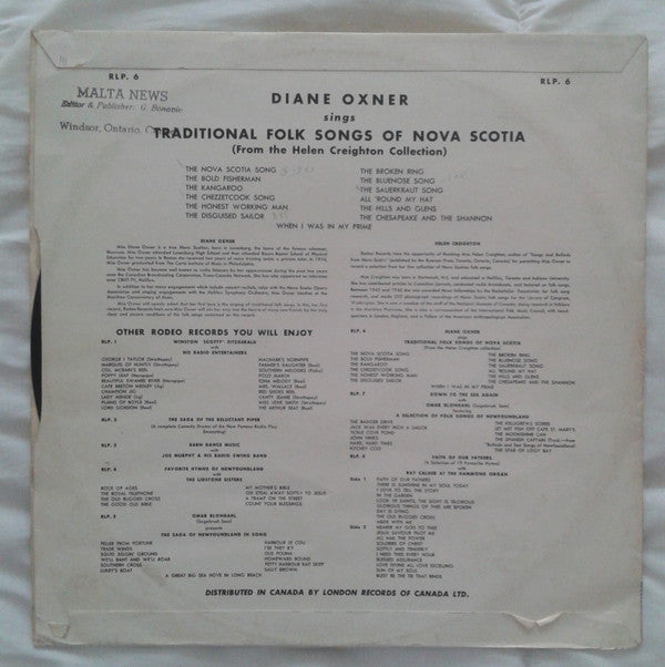Diane Oxner : Sings The Helen Creighton Collection Of Traditional Folk Songs Of Nova Scotia (LP, Mono)