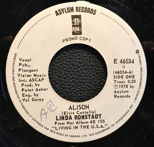 Linda Ronstadt : Alison (7", Promo)
