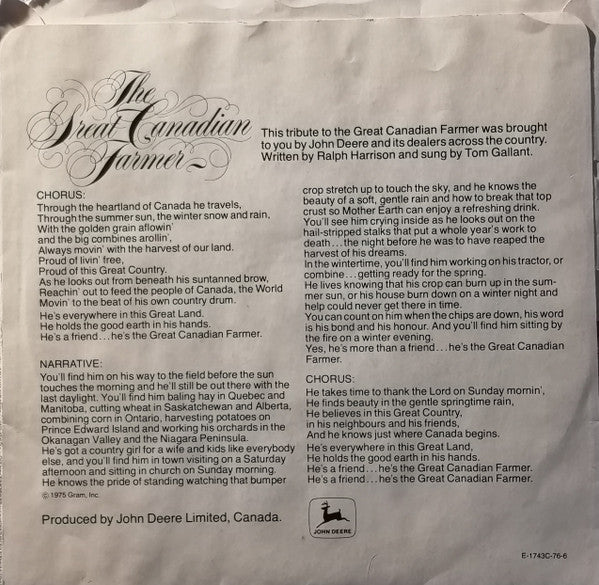 Tom Gallant : The Great Canadian Farmer (7", Single)