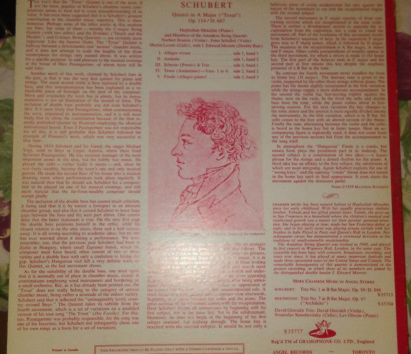 Franz Schubert / James Merrett, Norbert Brainin, Martin Lovett, Peter Schidlof, Hephzibah Menuhin : Trout Quintet In A Major (Schubert) (LP, Album, RE)