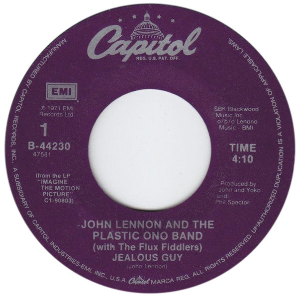 John Lennon And The Plastic Ono Band With The Flux Fiddlers : Jealous Guy / Give Peace A Chance (7", Single, Spe)