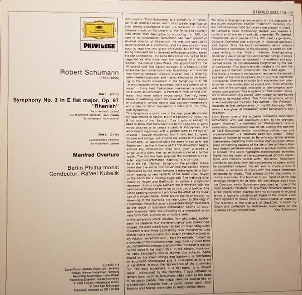 Robert Schumann, Berlin Philharmonic Orchestra* & Rafael Kubelik : Symphony No. 3 "Rhenish," Manfred Overture (LP, RE)