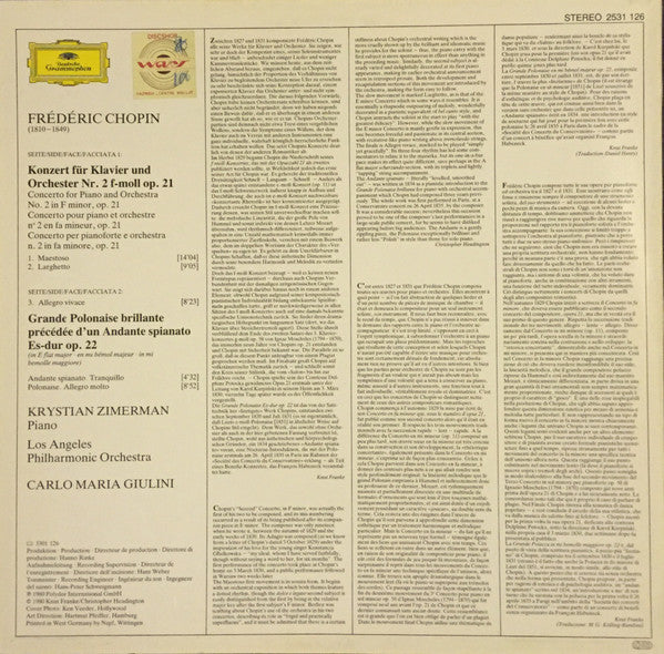 Frédéric Chopin - Krystian Zimerman • Los Angeles Philharmonic Orchestra • Carlo Maria Giulini : Klavierkonzert • Piano Concerto No. 2 • Andante Spianato Et Grande Polonaise Brillante (LP, Album)