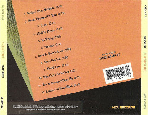 Patsy Cline : 12 Greatest Hits (CD, Comp, Club, RE, RM, Bar)