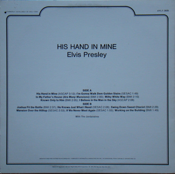 Elvis Presley : His Hand In Mine (LP, Album, RE)