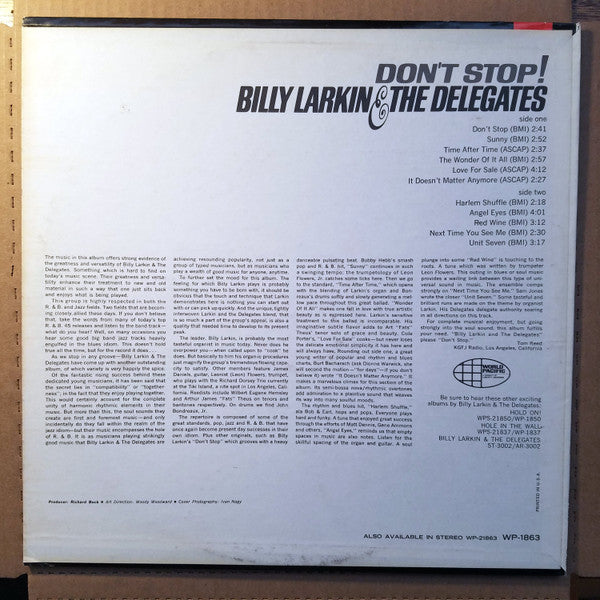 Billy Larkin And The Delegates : Don't Stop! (LP, Album, Mono)