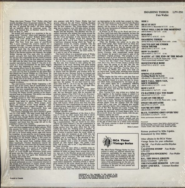 Fats Waller : Smashing Thirds (LP, Comp, Mono, RE, RM)
