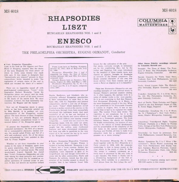 Eugene Ormandy Conducts The Philadelphia Orchestra / Franz Liszt, George Enescu : Rhapsodies (LP)
