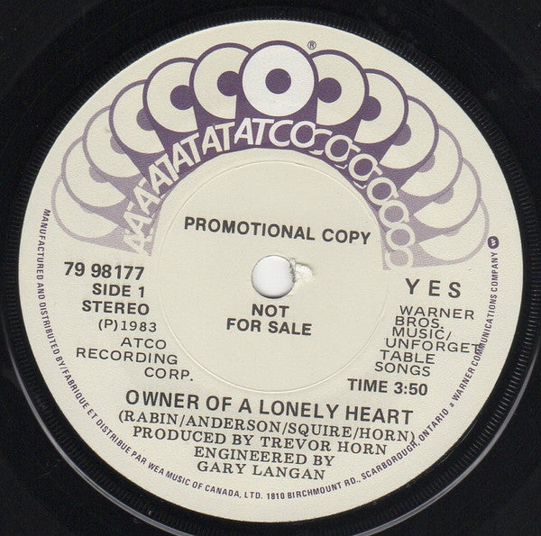 Yes : Owner Of A Lonely Heart (7", Single, Promo)