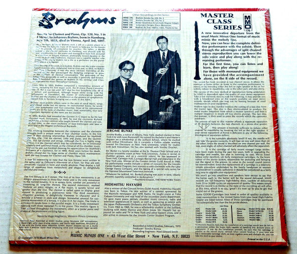 Johannes Brahms : Sonata For Clarinet And Piano Op. 120, No.1 In F Minor (LP, Mono)