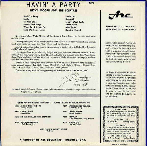 Nicky Moore (2) And The Sceptres (4) : Havin' A Party (And Other Dance Hits) (LP, Album)