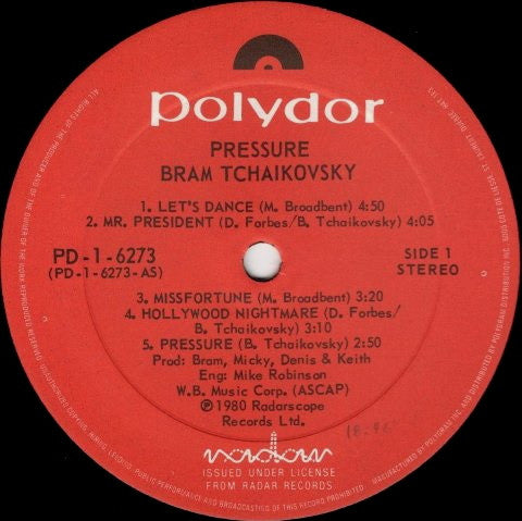 Bram Tchaikovsky : Pressure (LP, Album)