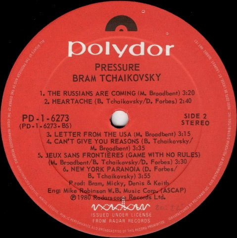 Bram Tchaikovsky : Pressure (LP, Album)