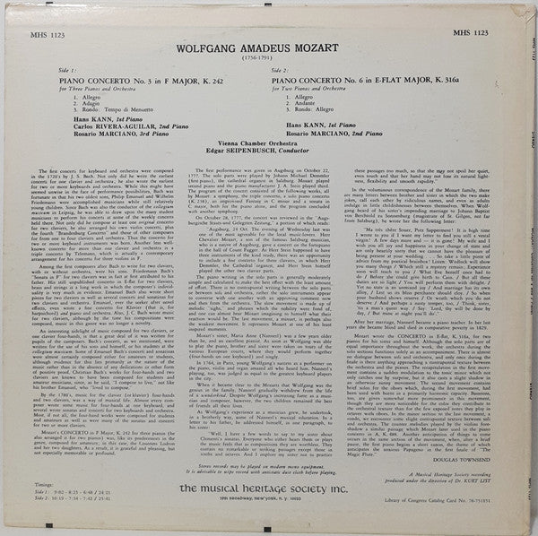 Wolfgang Amadeus Mozart - Hans Kann, Rosario Marciano, Carlos Rivera-Aguilar, Vienna Chamber Orchestra*, Edgar Seipenbusch : Concerto No. 3 In F Major, K. 242 / Concerto No. 6 In E-Flat Major, K. 316a (LP)