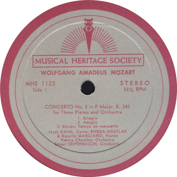 Wolfgang Amadeus Mozart - Hans Kann, Rosario Marciano, Carlos Rivera-Aguilar, Vienna Chamber Orchestra*, Edgar Seipenbusch : Concerto No. 3 In F Major, K. 242 / Concerto No. 6 In E-Flat Major, K. 316a (LP)