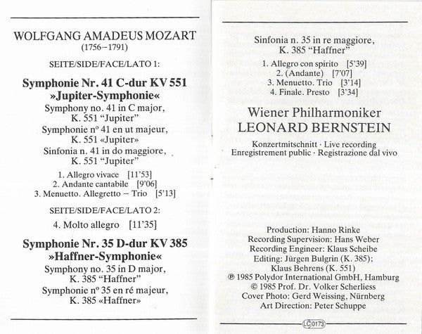 Wolfgang Amadeus Mozart / Wiener Philharmoniker, Leonard Bernstein : Symphonien No.35 "Haffner" / No.41 "Jupiter" (Cass)