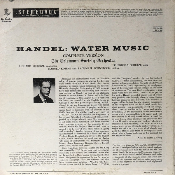 Georg Friedrich Händel  /  Telemann Society Orchestra, Richard Schulze : Water Music (LP, Album, RE)