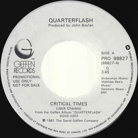 Quarterflash : Critical Times (7", Single, Promo)