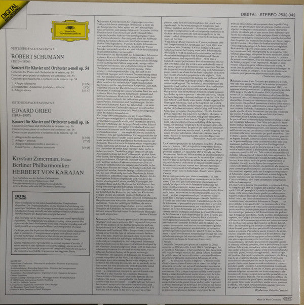 Schumann* / Grieg* – Berliner Philharmoniker, Krystian Zimerman · Herbert Von Karajan : Klavierkonzerte  ·  Piano Concertos (LP, RP)