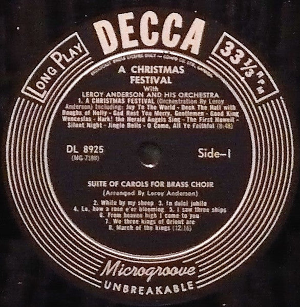 Leroy Anderson And His Orchestra* : A Christmas Festival With Leroy Anderson And His Orchestra (LP, Mono)