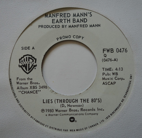 Manfred Mann's Earth Band : Lies (Through The 80's) (7", Promo)