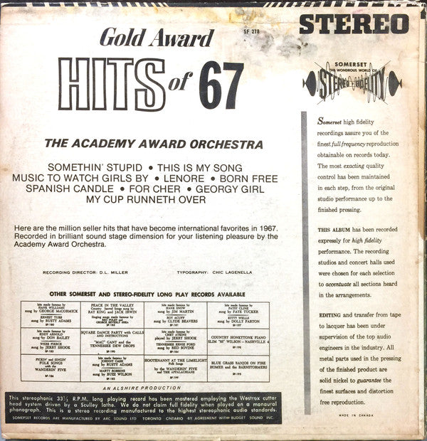 The Academy Award Orchestra : Gold Award Hits '67' (LP, Album)