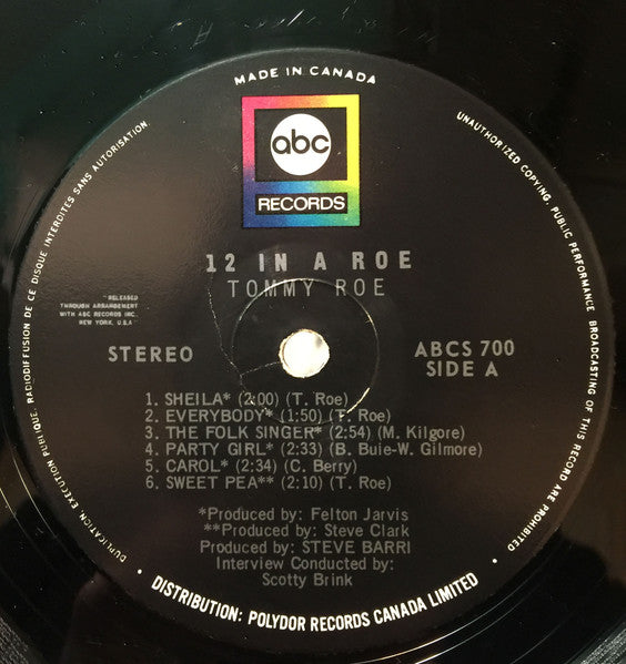 Tommy Roe : 12 In A Roe A Collection Of Tommy Roe's Greatest Hits (LP, Comp)