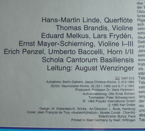 Georg Philipp Telemann, Schola Cantorum Basiliensis, August Wenzinger : Tafelmusik - Drei Konzerte (LP, RE)