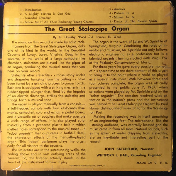 Leland W. Sprinkle, Sr.* : The Great Stalacpipe Organ (7")