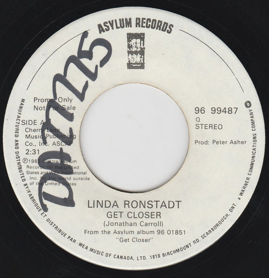 Linda Ronstadt : Get Closer (7", Single, Promo)