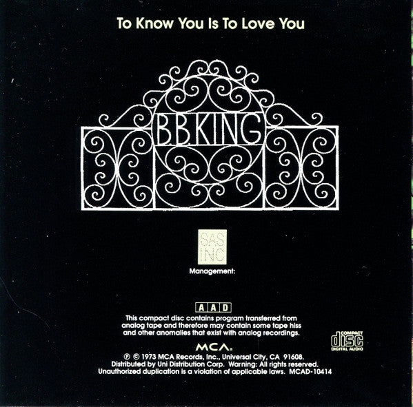 B.B. King : To Know You Is To Love You (CD, Album, RE)