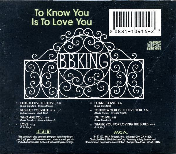 B.B. King : To Know You Is To Love You (CD, Album, RE)