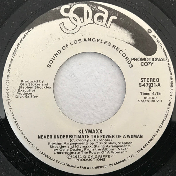 Klymaxx : Never Underestimate The Power Of A Woman (7", Single, Promo)