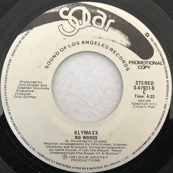 Klymaxx : Never Underestimate The Power Of A Woman (7", Single, Promo)
