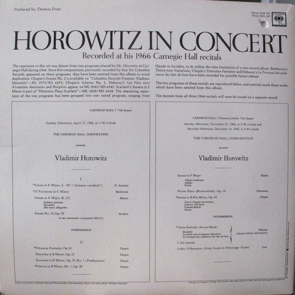 Vladimir Horowitz : Horowitz In Concert (Recorded At His 1966 Carnegie Hall Recitals) (2xLP, RE, Gat)