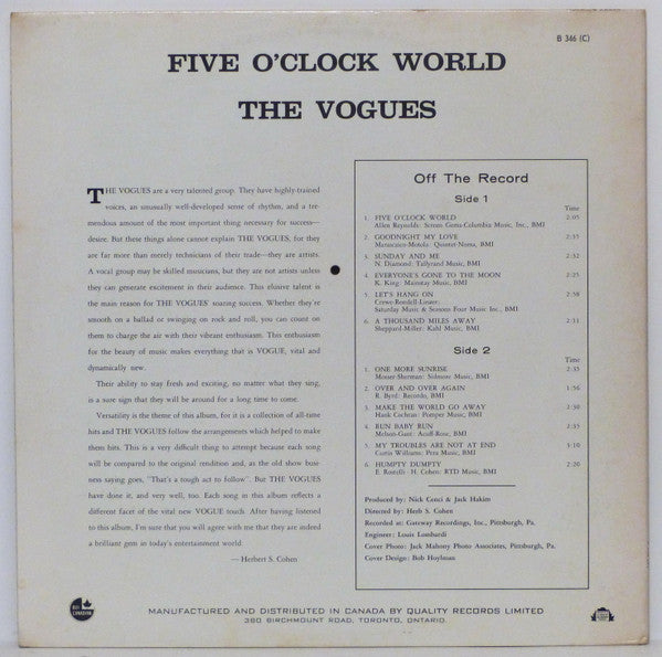 The Vogues : Five O'Clock World (LP, Album, Mono)