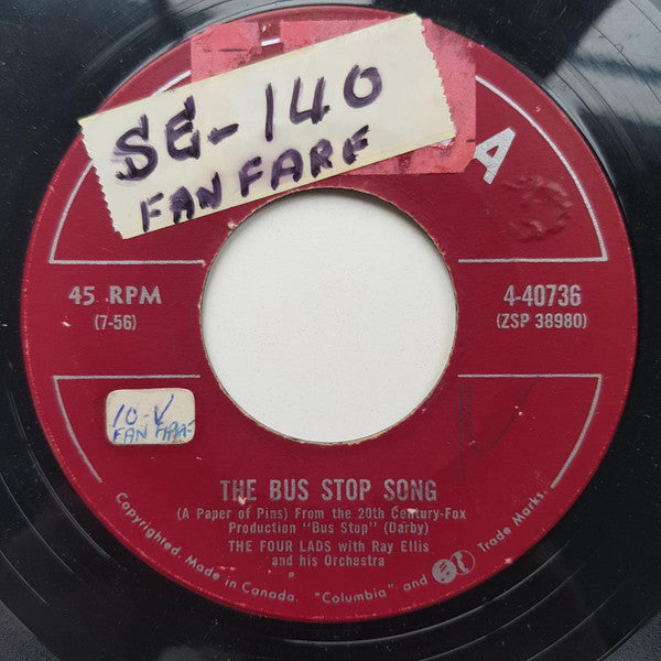 The Four Lads : The Bus Stop Song (A Paper Of Pins) / A House With Love In It (7", Single)