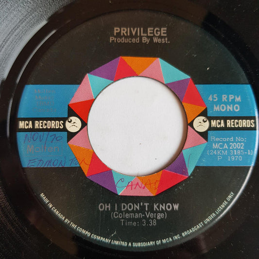 Privilege (4) : Oh I Don't Know / Proper Stranger (7", Single, Mono)
