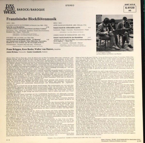 Frans Brüggen - Jacques Martin Hotteterre ∙ Philibert De Lavigne ∙ Joseph Bodin De Boismortier : Französische Blockflötenmusik = French Recorder Music (LP, RE)